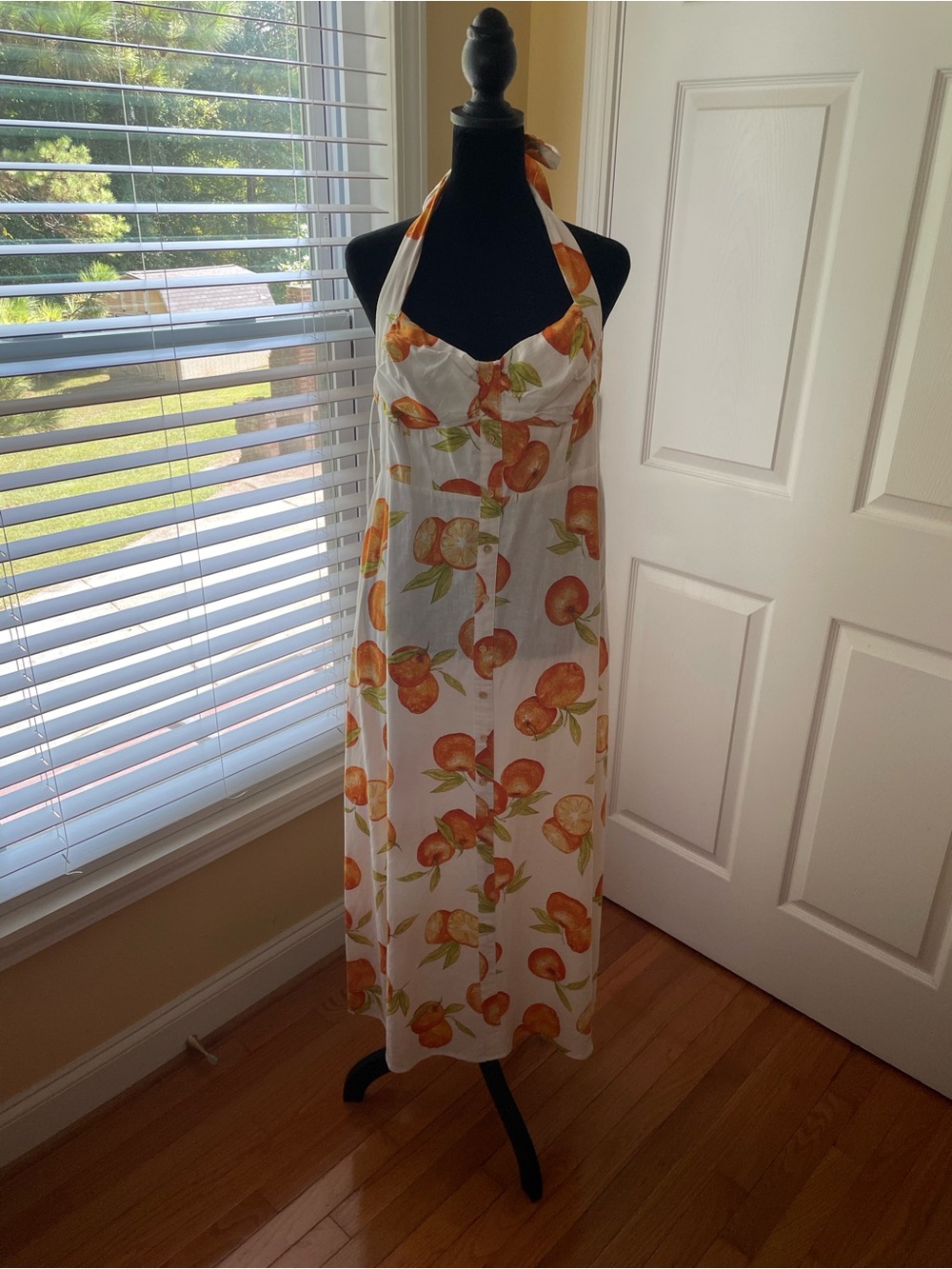 NWT Zara Orange Citrus Fruit Linen Blend Halter Maxi Dress Size L 🍊